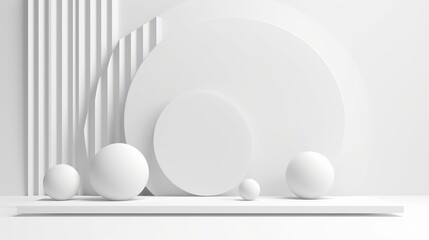 A 3D rendering presents an abstract minimal white showcase, serving as a mockup for product scenes, featuring a group of abstract geometric shapes on a white background.