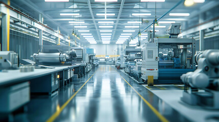 Technology and Machinery in Modern Factory, Industrial Manufacturing Line, Blurred Background