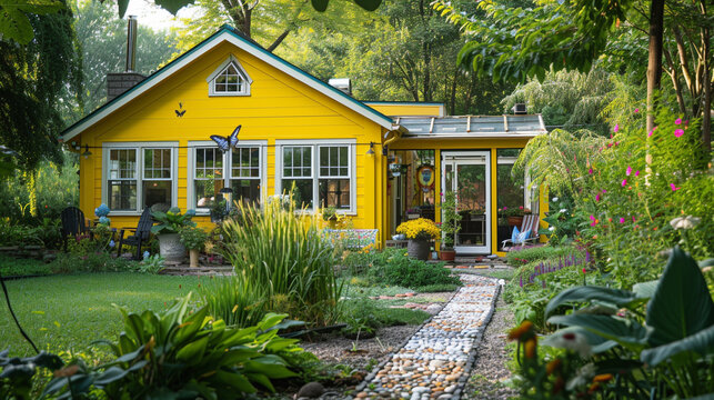 A craftsman style house painted in a bright lemon yellow, with a backyard that includes a butterfly conservatory and a pebble mosaic sidewalk. The photo captures the liveliness of a spring day.