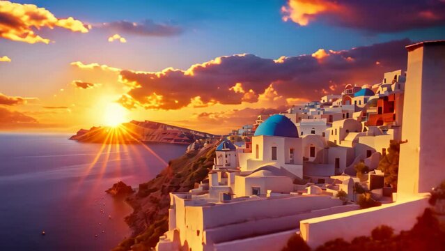 Santorini, Greece. Picturesque view of Oia village at sunset, Beautiful view of Churches in Oia village, Santorini island in Greece at sunset, with dramatic sky, AI Generated