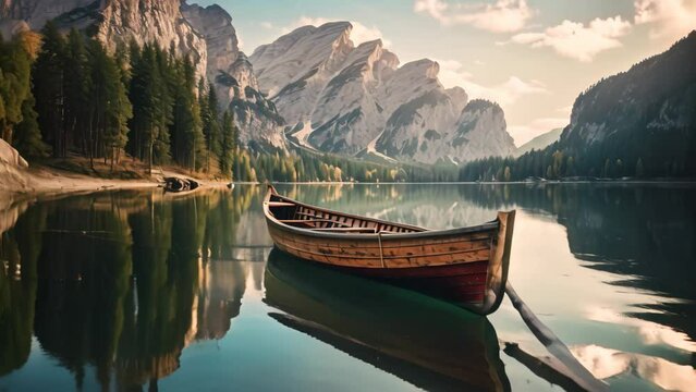 Fantastic lake braies in south tyrol, italy, Beautiful view of traditional wooden rowing boat on scenic Lago di Braies in the Dolomites in scenic morning light at sunrise, AI Generated