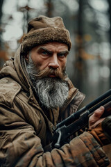 Obraz premium Close-up of a bearded man hunter holding a rifle. Experienced hunter in leisure time with focus and concentration in the forest.