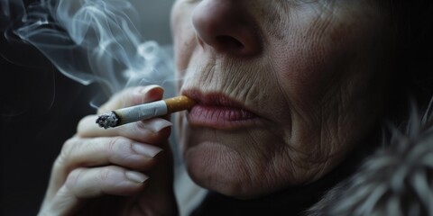 Close-up of an elderly woman's mouth inhaling a cigarette, emphasizing the impact of smoking on aging skin