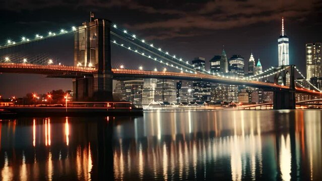 Brooklyn Bridge and Manhattan skyline at night, New York City, brooklyn bridge night exposure, AI Generated