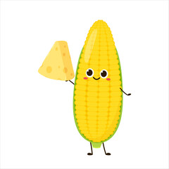 Corn and Cheese vector. Corn and Cheese character design. Corn on white background. Cube cheese.