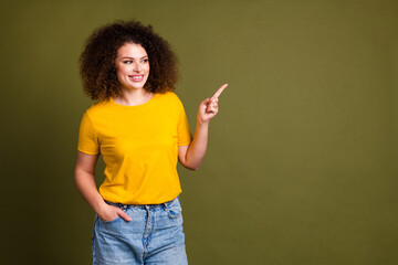 Photo of customer recommendations pointing finger website young smiling woman wearing yellow t...
