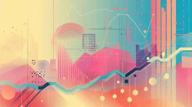 Abstract colorful geometric shapes and lines with financial graphs and cityscape silhouette.
