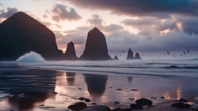Sunset at Reynisfjara Beach, Iceland, Europe, Cannon Beach Dusk Solitude. Evening twilight at Haystack Rock in Cannon Beach, Oregon as the surf washes up onto the beach. United States, AI Generated