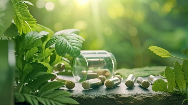 Herbal medicine, herbal supplements in a jar with green leaves background, Capsules herb supplements on green leaves background, AI Generated