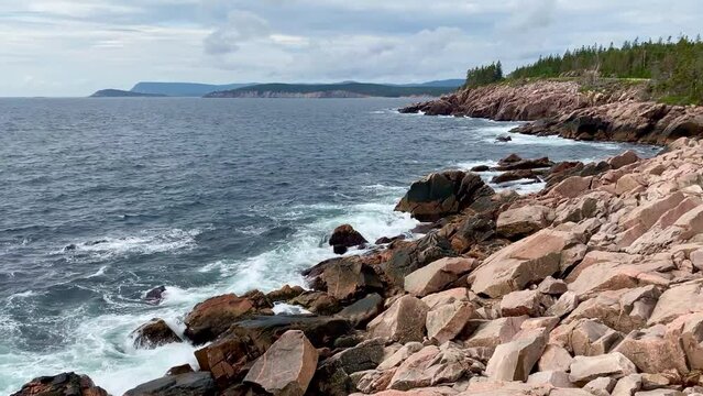 The Cabot Trail, a scenic highway on Cape Breton Island in Nova Scotia, Canada. Rugged coastline in the Cape Breton Highlands and the Cape Breton Highlands National Park.