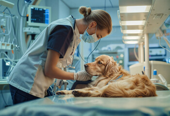 Veterinary examining dog in the operating room with medical equipment in a veterinary clinic	
