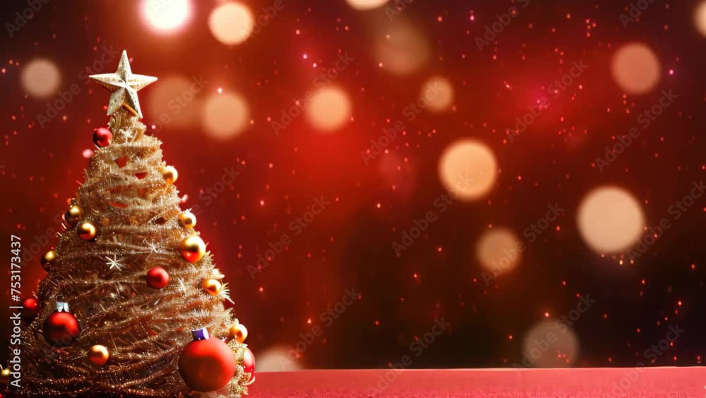 Poster christmas tree on red background with bokeh effect. 3d rendering, christmas tree with ornament and b