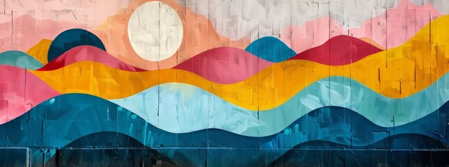 Vibrant abstract mural with wave patterns in a spectrum of pink, red, blue, orange, and yellow hues on a textured wall.