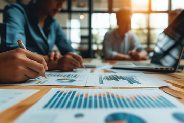 professionals analyzing financial data, with graphs and statistics visible, in a busy office setting