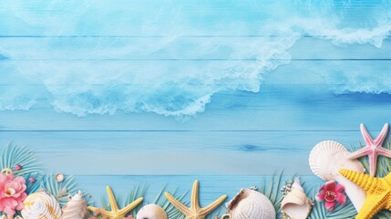 Beach Accessories On Blue Plank Summer Holiday - obrazy, fototapety, plakaty