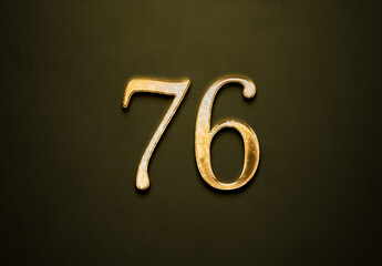 Old gold effect of 76 number with 3D glossy style Mockup.	