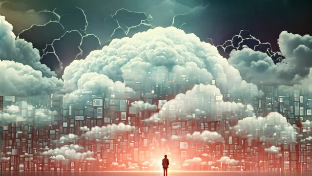 Back view of businessman looking at abstract cloud and cityscape on background, Datos en la nube y red. Concepto de ciencia y tecnologia, AI Generated