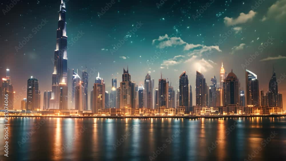 Sticker Dubai skyline at night, United Arab Emirates. Dubai is the fastest growing city in the world, Dubai city by night, AI Generated