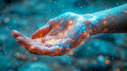 Outstretched Hand Surrounded by Digital Lights in Futuristic Vision AI Generated