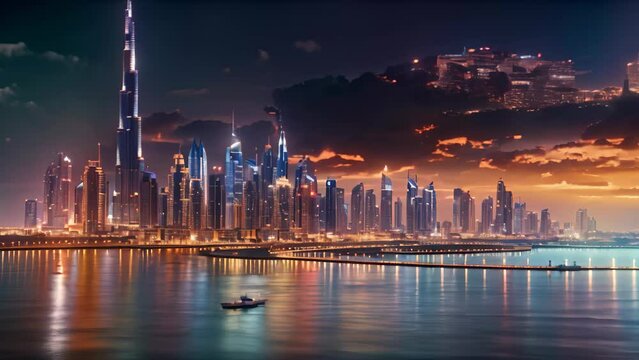 Dubai Marina at sunset in Dubai, UAE. Dubai was the fastest developing city in the world between 2002 and 2008, Dubai and the Persian gulf at evening, AI Generated