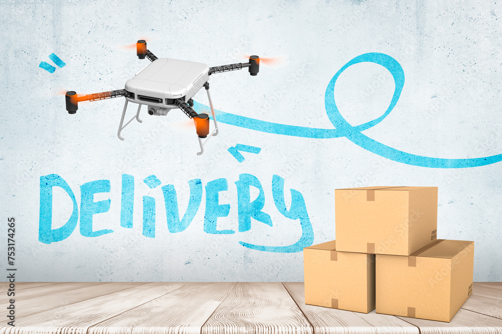 Poster 3d rendering of three cardboard boxes and drone with camera flying in air.