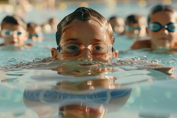 Children of Various Backgrounds Engaged in a Swimming Class, Practicing the Butterfly Stroke with Synchronized Movements, Guided by an Instructor, with Beautiful Reflections on the Water Surface,