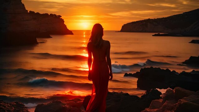 Beautiful girl in a long evening dress on the seashore at sunset, Epic red sunset in Cala Llentrisca with model , Ibiza, AI Generated