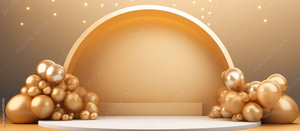 Poster golden metallic stage featuring air balloons circular platform and authentic frame on simple backdro