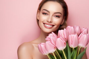 Naklejka premium Smiling young lady hug bouquet of pink tulips to chest, looks at empty space, enjoy spring holiday, isolated on pink background, studio. Gift to women day, congratulation, anniversary, date