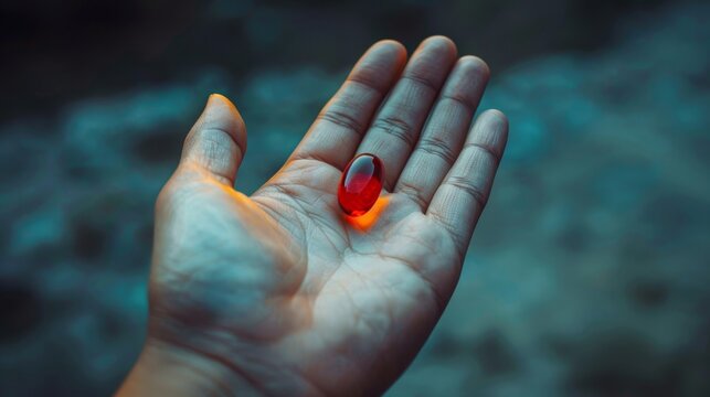 Close-up of Hand Holding a Red Pill Against Dark Background, Emphasizing the Concept of Choice and Reality vs Illusion in a Film Poster Concept