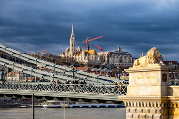 Fisherman Bastion and Matthias Church overlooking Chain Bridge and Danube river in the city of...