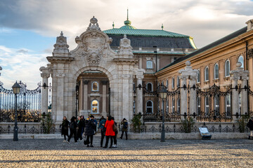 Beautiful Buda castle and stone gates, on of the most known Budapest landmarks, rising on the hill...