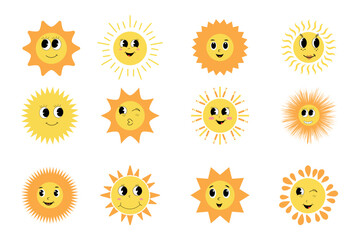 Collection of sunny emoticons. Cute smiling, winking suns with funny faces in doodle style. Vector symbols of sunny warm summer, isolated set. - obrazy, fototapety, plakaty