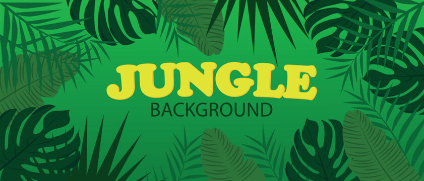 Tropical summer banner with succulent bright exotic leaves. Vector illustration of a jungle on a dark green background.
