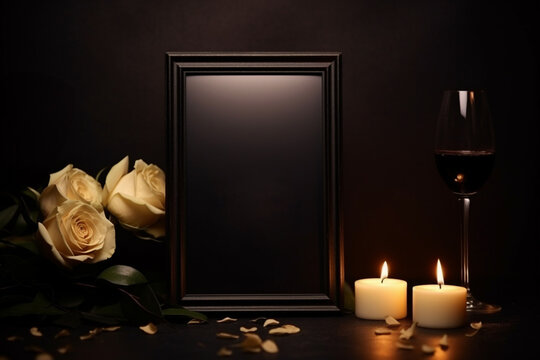  black picture frame roses black candles glass of wine dark background copy space