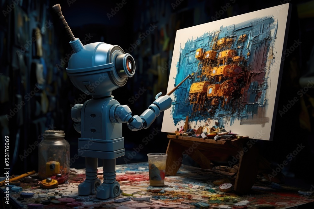 Poster concept of generative ai art technology, robot painting picture in studio. comeliness