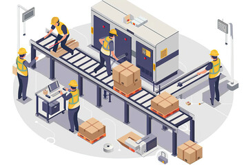 Industry Engineer and Technicians working on factory production line conveyor with warehouse, isometric illustration.