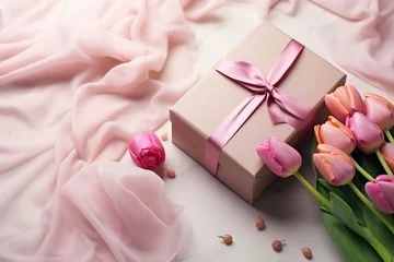 Fotobehang Pink tulips on background with pink gift box on pink linen cloth with space for text. Holiday spring composition. Top view, flat lay Generative AI  © kavinda