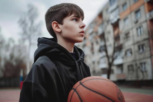 European boy teenager holding basketball sport athletic game street outside exercise fitness play training lifestyle schoolboy physical active hobby skill ball move competition practice leisure gen z