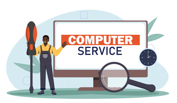 Computer service man concept. Guy in uniform with screwdriver and monitor. Hardware and pc parts. Maintenance serviceman fix problems. Cartoon flat vector illustration isolated on white background
