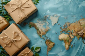 A map of the world featuring multiple presents wrapped in brown paper scattered across different continents. The gifts vary in size and are neatly placed on the map