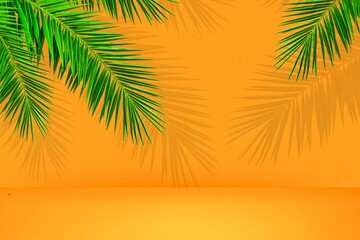 Fototapeta na wymiar Summer concept. Tropical monstera leaf on orange background with copy space 