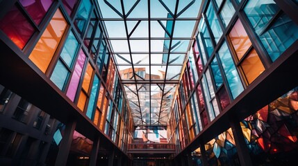 A colorful geometric building with vibrant ornamentation and windows on the wall stands out in the cityscape, offering a dynamic architectural element.