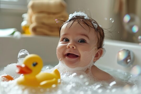 A small baby sits in a bathtub filled with water, happily playing with a yellow rubber ducky. The babys chubby fingers grasp the toy, splashing water around in the process