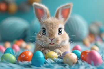 Fototapeta na wymiar Illustrastion of cute Easter bunny with colorful Easter eggs on a monochrome blue background