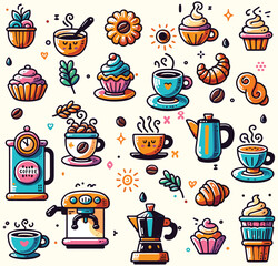 Set of cafe releated icons in cream background in cartoon flat style. Bold icons with thick black lines. Isolated items. Vector illustration. Use for decoration.