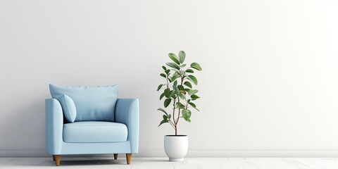 Blue armchair and decorative plant in a white living room.