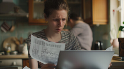 Fototapeta premium Stressed Young Woman looking at papers and bills with stressful face, Managing Finances with Laptop in Kitchen. Household budget, tax issue , late fees and penalties concept.