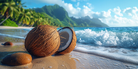 opened coconut. vocation in tropical wonderful place. Space for text. sandy beach sunny day waves open blue sky. header social media post graphic element, banner print wallpaper. Generative Ai content