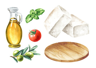 White brine cheese with olive oil and tomatoes set. Hand  drawn watercolor illustration, isolated on white background